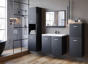 Minio, Badmöbel, Badezimmer, 4-Teilig Set "MOLO",  mit Waschbecken, Schwarz Graphit Farbe