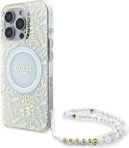 Guess GUHMP16LHCPOFPH Apple iPhone 16 Pro hardcase IML Flowers Allover Electro With Pearl Strap MagSafe white