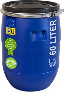 plasteo® 60 Liter Weithalsfass mit Deckel und Spannring Futtertonne Kunststofffass Universalfass Deckelfass Maischefass Sauerkrautfass