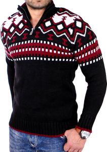 Reslad Herren Strickpullover Crewneck Zipper Norweger Pullover RS-3110 Schwarz-Rot 2XL