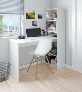 Schreibtisch Denton, Wendeschreibtisch mit Bücherregal mit 5 Böden, Studier- oder Bürotisch für PC-Buchhalter, 120x53h144 cm, Weiß