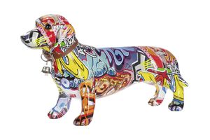 Moderne Skulptur Dekofigur Dackel Hund POP ART aus Kunststein Mehrfarbig 36x20 cm