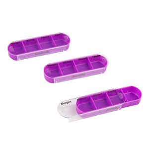2x WELLGRO Tablettenbox für 7 Tage - je 4 Fächer pro Tag, 11,5 x 4,5 x 13 cm (BxTxH) - Farbe wählbar, Farbe:Lila/Dunkelblau