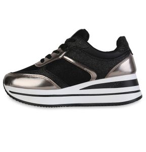VAN HILL Damen Plateau Sneaker Metallic Schnürer Glitzer Profil-Sohle Schuh 840910, Farbe: Schwarz Bronze Metallic, Größe: 38