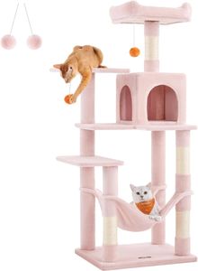 Feandrea Kratzbaum für Katzen, Höhe 143 cm, Spielturm, mit 4 Kratzbäumen, 2 Plattformen, 1 Nische, 1 Hängematte, 2 Pompons, aus Plüschstoff,