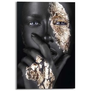 Wandbild Deco Panel Goldene Hand Frau - Gesicht - Make-up - Dunkel - Porträt