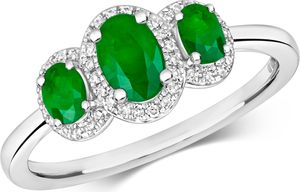 Atemberaubender 9 Karat (375) Weißgold Trilogie Damen - Diamant Ring Brillant-Schliff 0.12 Karat HI - I1 mit Smaragd, 51 (16.2); TRS2215RSL