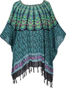 Kaftan, Ibiza-StyleTunika, Boho Bluse, Damen Maxibluse, Strandtunika - Schwarz/petrol, Blau, Viskose, Blusen & Tunikas