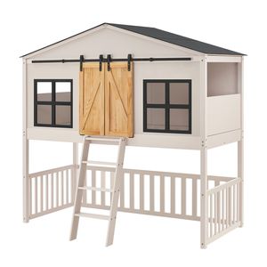 Juskys Kinderbett Farmhaus 90 x 200 cm mit Treppe, Dach & Fenster – Hochbett rosa für Kinder – Lattenrost bis 150 kg – Hausbett aus Massivholz