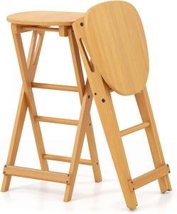 COSTWAY 2er Set Barhocker Klappbar, Barstuhl Bambus mit Fußstütze, Küchenstuhl Sitzhöhe 61 cm, Tresenhocker Bistrohocker, 36 x 33 x 61 cm (2 Stühle ohne Lehne)