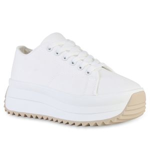 VAN HILL Damen Plateau Sneaker Schnürer Profil-Sohle Wedge Stoff Schuhe 841133, Farbe: Weiß, Größe: 39