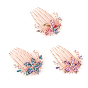 Elegantní zásuvné hřebeny pro ženy a dívky v balení 3 kusů s lesklými a stylovými sponami do vlasů s jemným křišťálovým květem (fialová + modrá + barevná)
