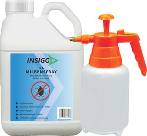 INSIGO 5L + 2L Sprüher Anti-Milbenspray, Mittel gegen Milben Milbenbefall Milbenfrei Schutz gegen Eier auf Wasserbasis, fleckenfrei, geruchlos, mit Schnell- & Langzeitwirkung frei EX