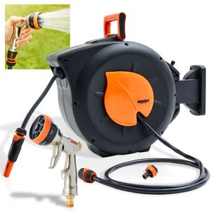 HECHT 08666 Wand Schlauchtrommel mti Spritzdüse | 20 m | Einzugautomatik | 1/2" & 3/4"