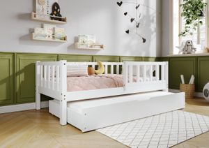 TIMBEE LENA Duo Doppelbett Kinderbett Holz Bett mit Schublade mit Schlaffunktion - Weiß - 100x200cm