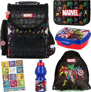 Schulranzen für Jungen und Mädchen, 6er-Set - Schul-Rucksack für Kinder mit Federmäppchen - Schuhbeutel und Hausaufgabenheft - Marvel Avengers Motiv
