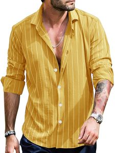 Hemden Herren Revers Halshemden Urlaub gestreifte Tops Single Breasted Basic Tunika Hemd, Farbe:Gelb, Größe:Xxl