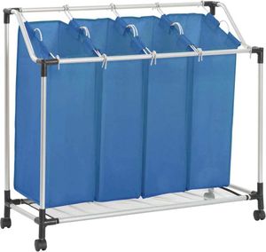 The Living Store Wäschesortierer mit 4 Taschen Blau Stahl