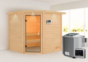 Woodfeeling Sauna Tilda (Eckeinstieg), Ganzglastür, bronziert, Ofen 9 kWexterne Steuerung easy