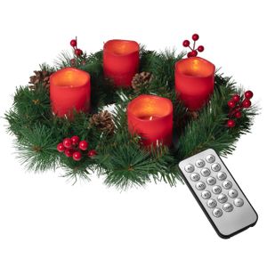 Künstlicher Adventskranz Ø 45 cm mit 4 LED Kerzen aus Echtwachs in rot oder creme | praktische Fernbedienung mit Timer und Lichtfunktionen | inkl. Kerzenhalter | nadelfrei (rot)
