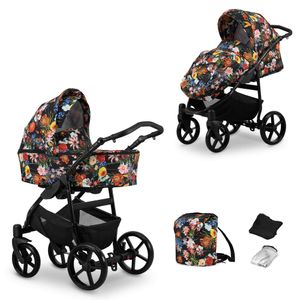 Kinderwagen MATA Sportwagen Babywagen Babyschale Komplettset Kinder Wagen Set 2 in 1 (blumen, Rahmenfarbe: Schwarz)