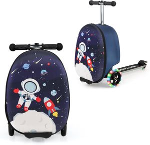 COSTWAY 2 in 1 Kinder Scooter & Kinderkoffer, mit LED Räder, 26L Kindertrolley mit Bremse, für Kinder ab 5 Jahre alt (‎Astronaut)