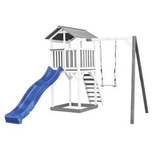 AXI Beach Tower Spielturm aus Holz in Weiß & Grau | Spielhaus für Kinder mit blauer Rutsche, Schaukel und Sandkasten | Stelzenhaus für den Garten