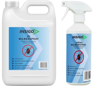 INSIGO 2L + 500ml Anti-Milbenspray, Mittel gegen Milben Milbenbefall Milbenfrei Schutz gegen Eier auf Wasserbasis, fleckenfrei, geruchlos, mit Schnell- & Langzeitwirkung frei EX