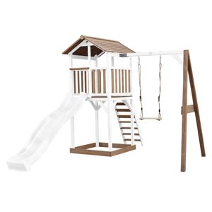 AXI Beach Tower Spielturm aus Holz in Braun & Weiß | Spielhaus für Kinder mit weißer Rutsche, Schaukel und Sandkasten | Stelzenhaus für den Garten