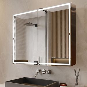 Schminkspiegel Aluminiumlegierung Spiegelschrank Bad mit Beleuchtung, 100 x 70cm, 3-Farbiger dimmbarer, Verstellbares Glasfach, Entnebelungsfunktion