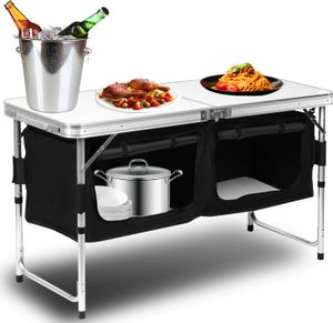 Yakimz kempingový stôl 120x47x68cm, kempingová kuchyňa z hliníka, skladacia kempingová skrinka, s 2 úložnými priehradkami, nastaviteľná výška vrátane tašky na prenášanie