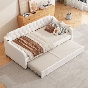 Flieks Schlafsofa 90x200cm mit USB, Polsterbett mit Ausziehbett, Tagesbett Gästebett mit Lattenrost, Einzelbett Holzbett, Leinen, Beige