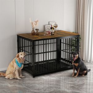 Klietka pre psa WISFOR s 3 dvierkami, box pre psa so stolovou plochou, prepravná drôtená klietka, bočný stolík pre psa, XXL: 120x77x81,5cm, čierna