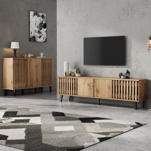 Zestaw mebli do salonu Merax, szafka TV 180 cm i kredens 150 cm, wygląd drewna, komoda z 8 przegrodami, komoda z 6 półkami i drzwiczkami, kolor naturalny Zestaw mebli do salonu Merax, szafka TV 180 cm i kredens 150 cm, wygląd drewna, komoda z 8 przegrodami, komoda z 6 półkami i drzwiczkami, kolor naturalny