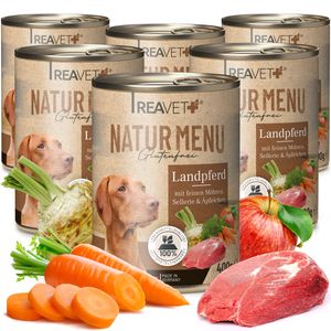 REAVET Nassfutter für Hunde - Landpferd 6 x 400g mit Karotte & Sellerie, Hundefutter