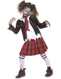 Zombie-Schülerin Halloween-Mädchenkostüm schwarz-weiss-rot