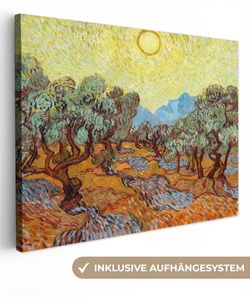 OneMillionCanvasses® - Leinwandbilder - 120x90 cm, Olivenbäume mit gelbem Himmel und Sonne - Vincent van Gogh, Wandbilder Kunstdruck Wanddekoration - Wand Dekoration - Leinwandgemäldes - Schlafzimmer