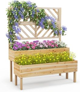 GOPLUS 2 Etagen Hochbeet mit Rankgitter, Pflanzkasten mit Rankhilfe, Blumenkasten mit Entwässerungsloch für Kletterpflanzen Blumen (Natur)