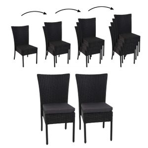sada 2 polyratanových stoličiek HWC-G19, balkónová stolička Záhradná stolička, stohovateľná ~ čierna, vankúš tmavosivá