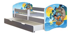 ACMA Jugendbett Kinderbett Junior-Bett Komplett-Set mit Matratze Lattenrost und Rausfallschutz Grau 21 Piraten 180x80 + Bettkasten