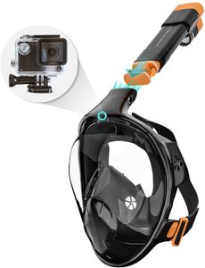 Sportstech CO2-sichere Schnorchelmaske + 180° Anti-Fog-Sichtfeld | Vollmaske Kinder & Erwachsene | Tauchmaske mit Smarter Kamera-Halterung für Unterwasserkamera | Maske schwarz | SNX500 - Face Mask Größe S/M