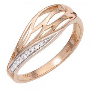 JOBO Damen Ring 585 Gold Rotgold teilrhodiniert 8 Diamanten Brillanten Goldring Größe 52