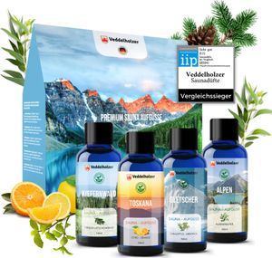 VeddelholzerSaunaaufguss Geschenkset 4 x 100 ml verschiedene Saunaöle Saunaduft Infusion als Sauna Zubehör alles in einem Sauna Set Sauna Aufgussmittel aus 100% naturreinen ätherischen Ölen