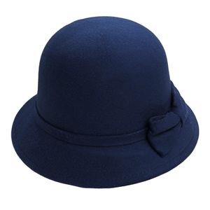 Einfarbige, breite Krempe, runde Kuppel, warme Wollmütze für Damen, Herbst und Winter, eleganter Filz-Fedora-Hut mit Schleife, für den Alltag, Marineblau