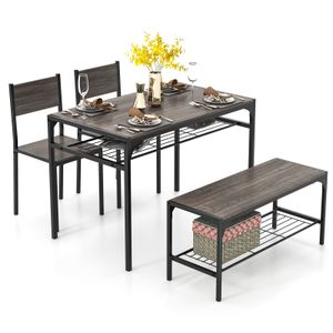 COSTWAY 4dílná jídelní souprava, kuchyňský stůl se 2 židlemi, 1 lavicí a poličkou, sedací souprava industriální šedá