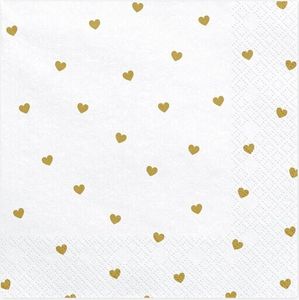 Servietten Herzen 33x33cm 20 Stück, weiß / gold