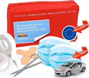 Auto Verbandskasten - Neue Norm 2023 für  -  DIN 13164 - STVO & 2x Maske Erste Hilfe KFZ Verbandstasche Kit First Aid
