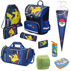 Pokemon Schulranzen für die 1. bis 4. Klasse Blaue Schultasche mit Pikachu Motiv im 10-teiligen Set mit Tüte, Dose, Flasche und großer Sporttasche