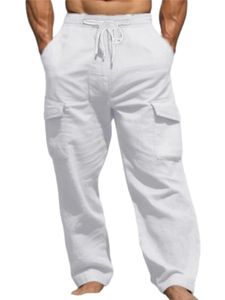 Herren Stoffhosen Leinen Hosen Lässige Leinenhose Freizeithose Strandhose mit Taschen Weiß,Größe XL