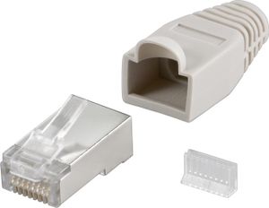RJ45 Stecker, CAT 5e STP geschirmt mit Knickschutztüllefür Rundkabel mit Einfädelhilfe